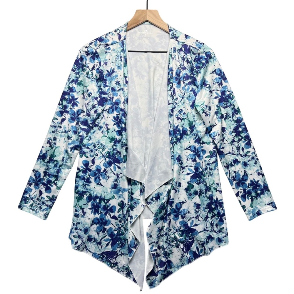 Princess Cruises Y2K Kimono Top Floral Print Rhinestones Open Front  Blue White